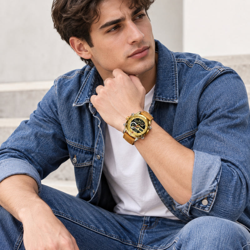 Naviforce Reloj Analógico y Digital Dorado con Correa Marrón Claro de Cuero Genuino, Diámetro de 45 mm, Cristal Mineral Endurecido y Resistencia al Agua 3 ATM.