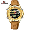 Naviforce Reloj Analógico y Digital Dorado con Correa Marrón Claro de Cuero Genuino, Diámetro de 45 mm, Cristal Mineral Endurecido y Resistencia al Agua 3 ATM.