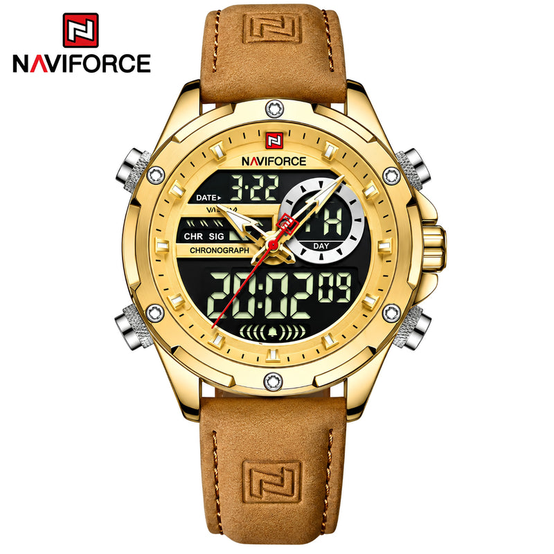 Naviforce Reloj Analógico y Digital Dorado con Correa Marrón Claro de Cuero Genuino, Diámetro de 45 mm, Cristal Mineral Endurecido y Resistencia al Agua 3 ATM.