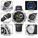Naviforce Reloj Analógico y Digital Plateado con Correa Negra de Cuero Genuino, Diámetro de 45 mm, Cristal Mineral Endurecido y Resistencia al Agua 3 ATM.