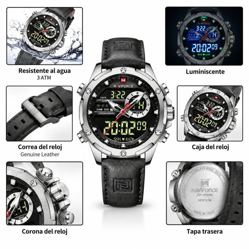 Naviforce Reloj Analógico y Digital Plateado con Correa Negra de Cuero Genuino, Diámetro de 45 mm, Cristal Mineral Endurecido y Resistencia al Agua 3 ATM.