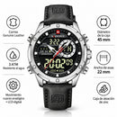 Naviforce Reloj Analógico y Digital Plateado con Correa Negra de Cuero Genuino, Diámetro de 45 mm, Cristal Mineral Endurecido y Resistencia al Agua 3 ATM.