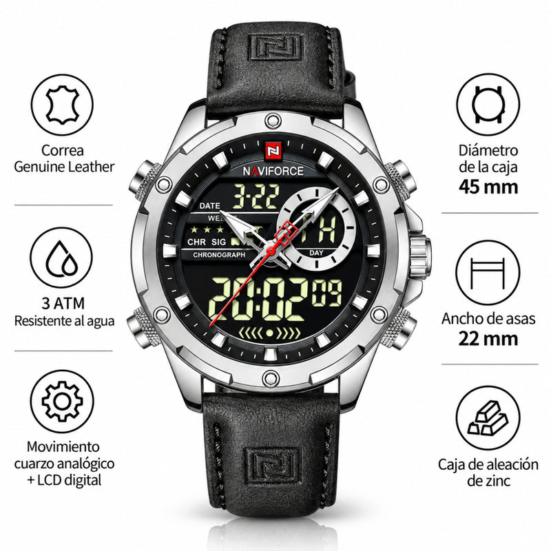 Naviforce Reloj Analógico y Digital Plateado con Correa Negra de Cuero Genuino, Diámetro de 45 mm, Cristal Mineral Endurecido y Resistencia al Agua 3 ATM.