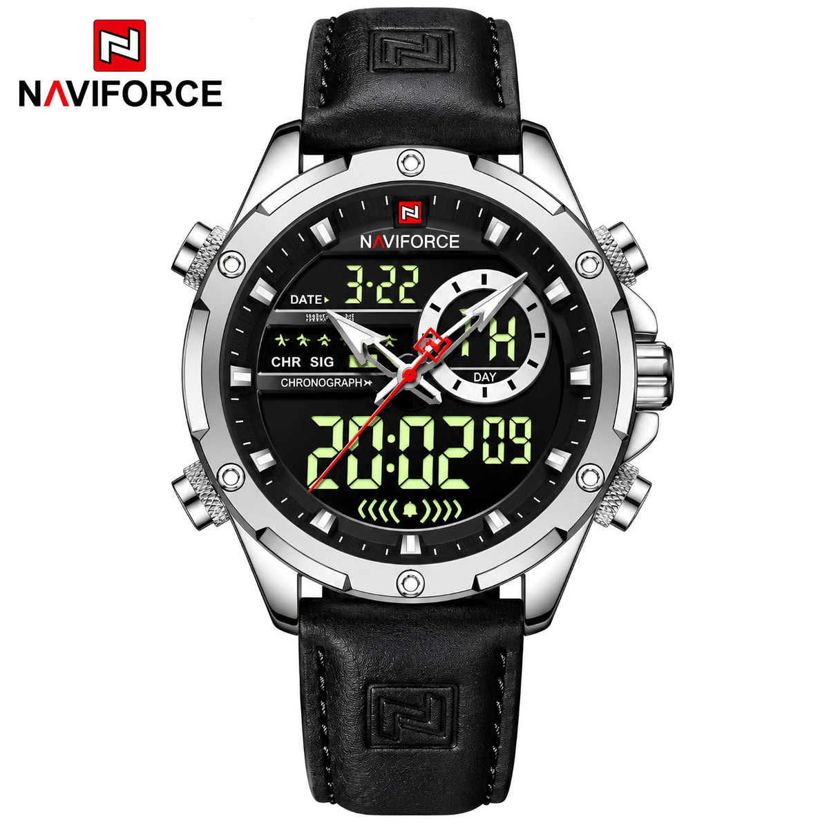 Naviforce Reloj Analógico y Digital Plateado con Correa Negra de Cuero Genuino, Diámetro de 45 mm, Cristal Mineral Endurecido y Resistencia al Agua 3 ATM.