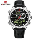 Naviforce Reloj Analógico y Digital Plateado con Correa Negra de Cuero Genuino, Diámetro de 45 mm, Cristal Mineral Endurecido y Resistencia al Agua 3 ATM.