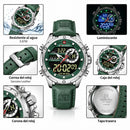 Naviforce Reloj Analógico y Digital Plateado con Esfera Verde y Correa Verde de Cuero Genuino, Diámetro de 45 mm, Cristal Mineral Endurecido y Resistencia al Agua 3 ATM.