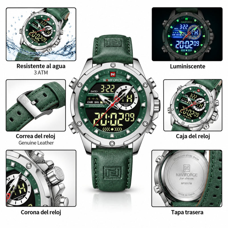 Naviforce Reloj Analógico y Digital Plateado con Esfera Verde y Correa Verde de Cuero Genuino, Diámetro de 45 mm, Cristal Mineral Endurecido y Resistencia al Agua 3 ATM.