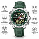 Naviforce Reloj Analógico y Digital Plateado con Esfera Verde y Correa Verde de Cuero Genuino, Diámetro de 45 mm, Cristal Mineral Endurecido y Resistencia al Agua 3 ATM.