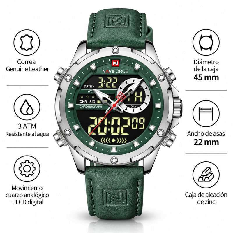 Naviforce Reloj Analógico y Digital Plateado con Esfera Verde y Correa Verde de Cuero Genuino, Diámetro de 45 mm, Cristal Mineral Endurecido y Resistencia al Agua 3 ATM.