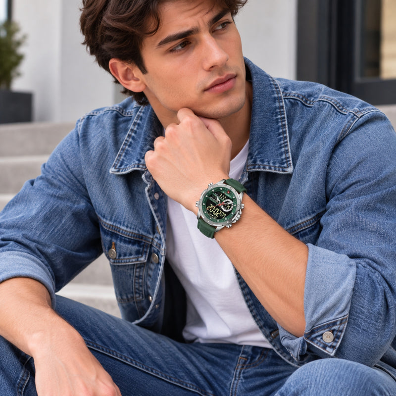 Naviforce Reloj Analógico y Digital Plateado con Esfera Verde y Correa Verde de Cuero Genuino, Diámetro de 45 mm, Cristal Mineral Endurecido y Resistencia al Agua 3 ATM.
