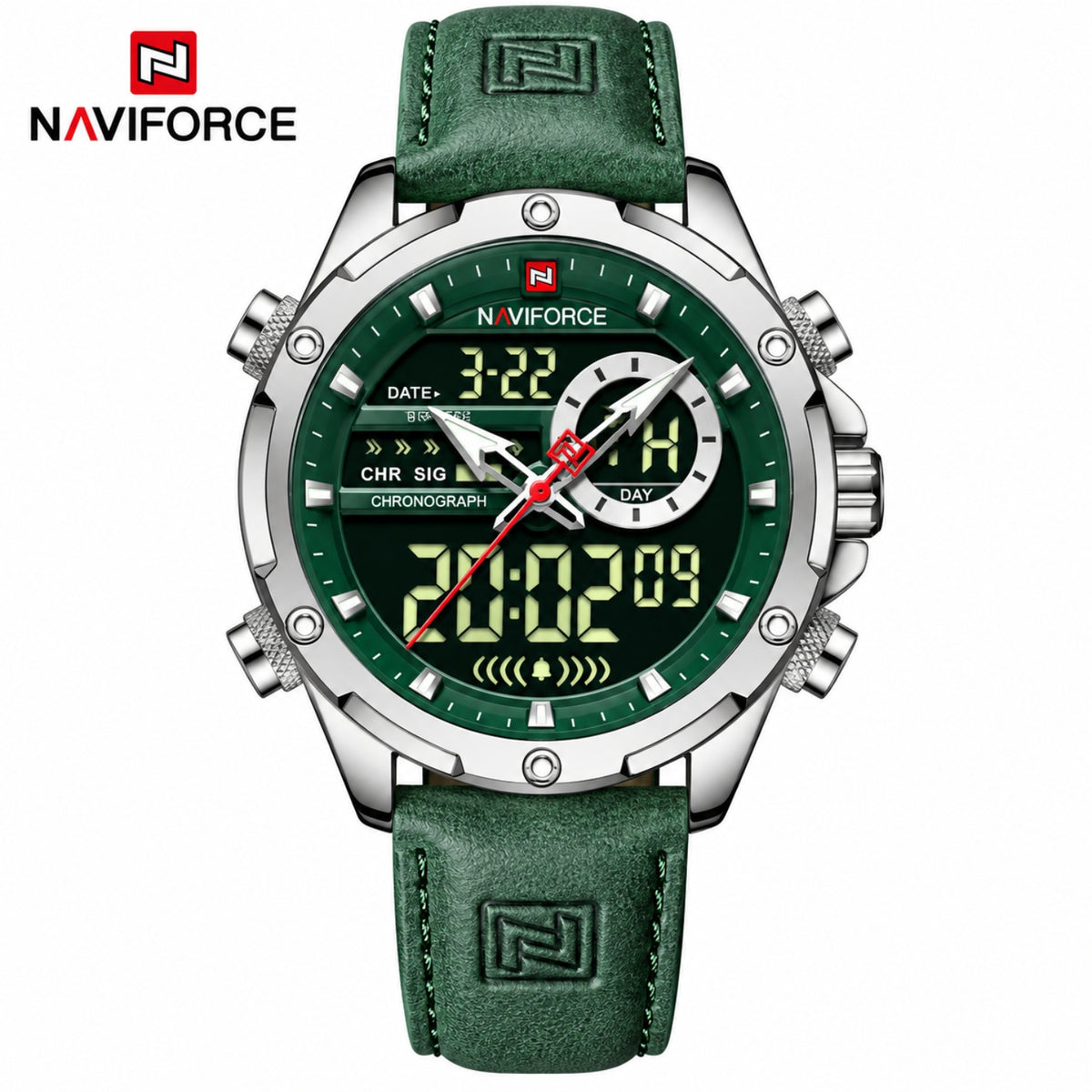 Naviforce Reloj Analógico y Digital Plateado con Esfera Verde y Correa Verde de Cuero Genuino, Diámetro de 45 mm, Cristal Mineral Endurecido y Resistencia al Agua 3 ATM.