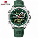 Naviforce Reloj Analógico y Digital Plateado con Esfera Verde y Correa Verde de Cuero Genuino, Diámetro de 45 mm, Cristal Mineral Endurecido y Resistencia al Agua 3 ATM.