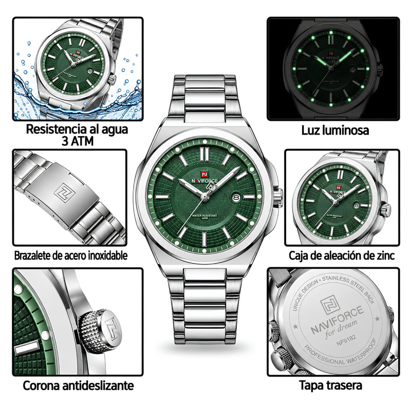Naviforce Reloj Analógico Plateado con Esfera Verde y Correa de Acero Inoxidable, Diámetro de 43 mm y Resistencia al Agua 3 ATM.