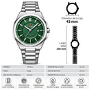 Naviforce Reloj Analógico Plateado con Esfera Verde y Correa de Acero Inoxidable, Diámetro de 43 mm y Resistencia al Agua 3 ATM.