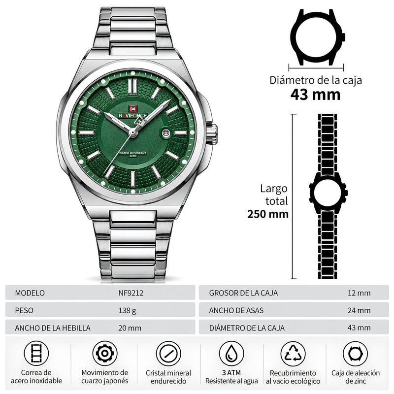 Naviforce Reloj Analógico Plateado con Esfera Verde y Correa de Acero Inoxidable, Diámetro de 43 mm y Resistencia al Agua 3 ATM.