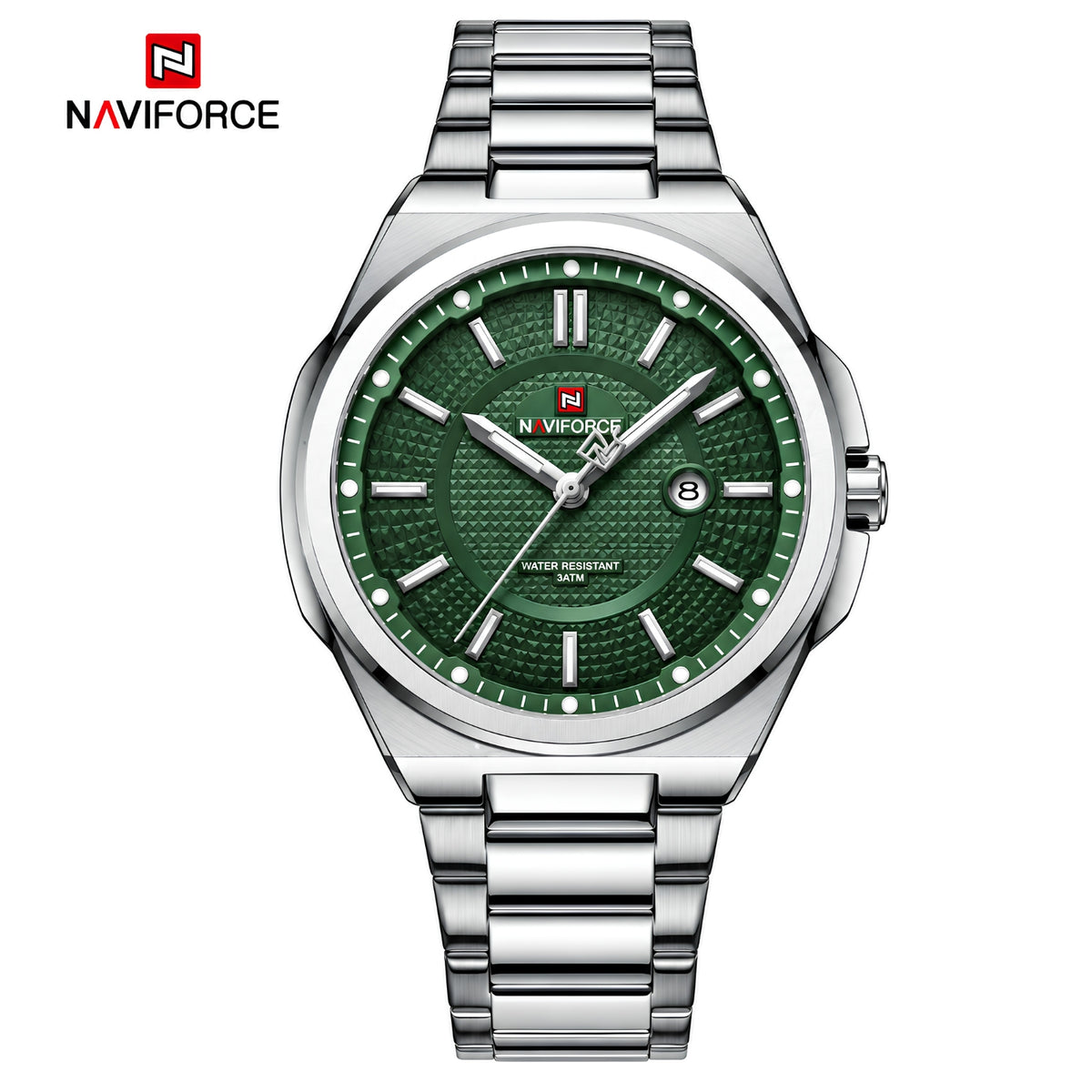 Naviforce Reloj Analógico Plateado con Esfera Verde y Correa de Acero Inoxidable, Diámetro de 43 mm y Resistencia al Agua 3 ATM.