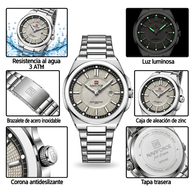 Naviforce Reloj Analógico Plateado con Esfera Gris y Correa de Acero Inoxidable, Diámetro de 43 mm y Resistencia al Agua 3 ATM.