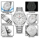 Naviforce Reloj Analógico Plateado con Esfera Blanca y Correa de Acero Inoxidable, Diámetro de 43 mm y Resistencia al Agua 3 ATM.