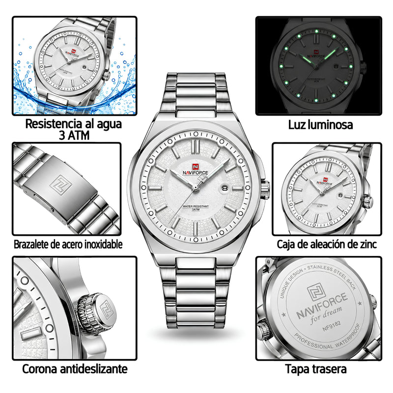 Naviforce Reloj Analógico Plateado con Esfera Blanca y Correa de Acero Inoxidable, Diámetro de 43 mm y Resistencia al Agua 3 ATM.