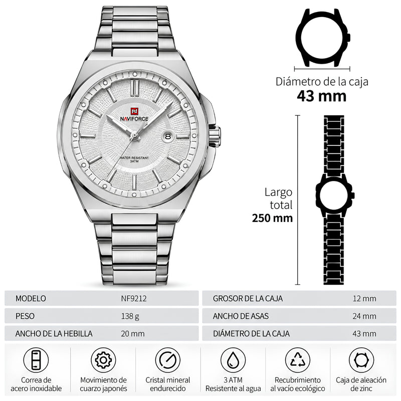 Naviforce Reloj Analógico Plateado con Esfera Blanca y Correa de Acero Inoxidable, Diámetro de 43 mm y Resistencia al Agua 3 ATM.