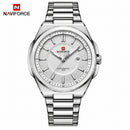 Naviforce Reloj Analógico Plateado con Esfera Blanca y Correa de Acero Inoxidable, Diámetro de 43 mm y Resistencia al Agua 3 ATM.