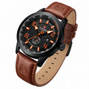 Naviforce Reloj Analógico Naranja con Detalles Negros y Correa Marrón de Cuero PU, Diámetro de 46 mm, Cristal Mineral Endurecido y Resistencia al Agua 3 ATM.