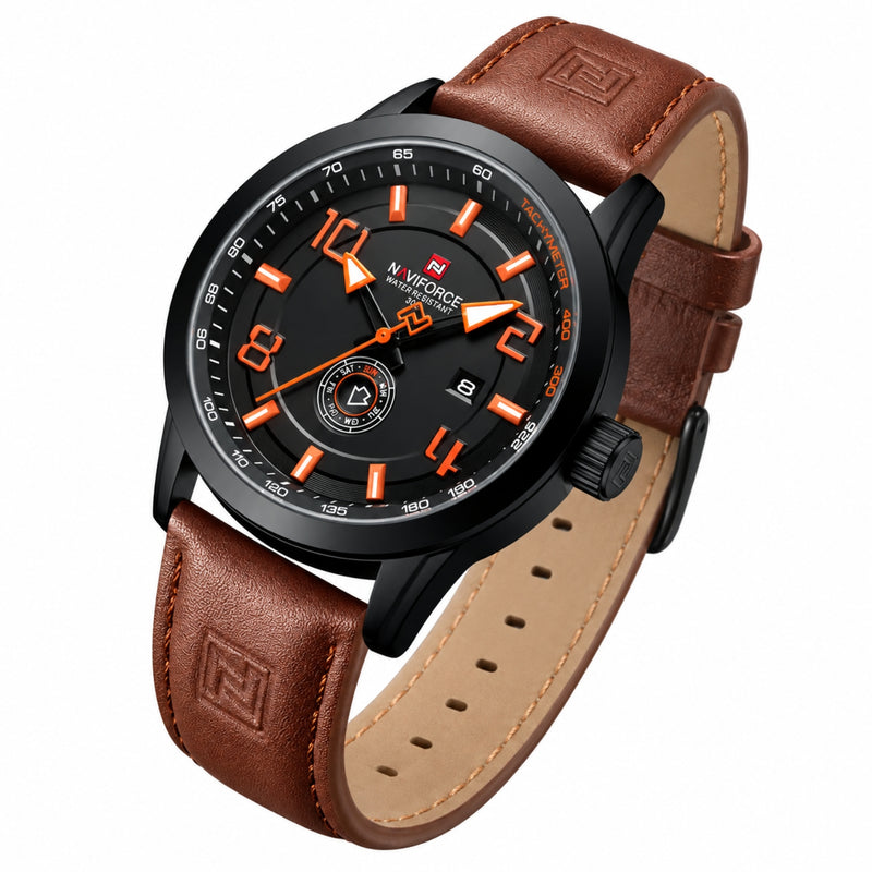 Naviforce Reloj Analógico Naranja con Detalles Negros y Correa Marrón de Cuero PU, Diámetro de 46 mm, Cristal Mineral Endurecido y Resistencia al Agua 3 ATM.