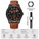 Naviforce Reloj Analógico Naranja con Detalles Negros y Correa Marrón de Cuero PU, Diámetro de 46 mm, Cristal Mineral Endurecido y Resistencia al Agua 3 ATM.