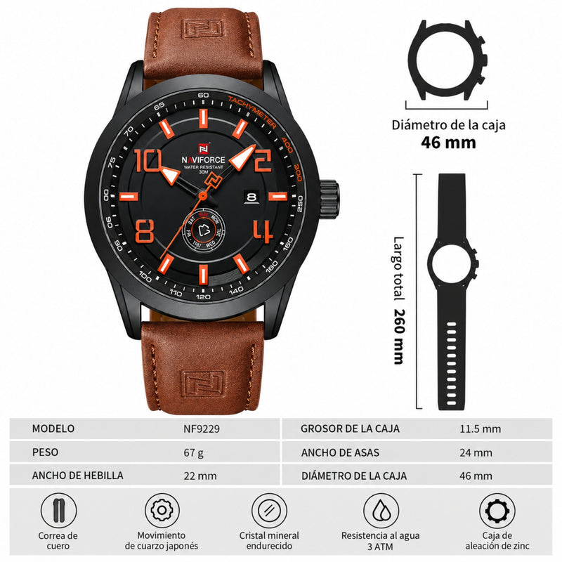 Naviforce Reloj Analógico Naranja con Detalles Negros y Correa Marrón de Cuero PU, Diámetro de 46 mm, Cristal Mineral Endurecido y Resistencia al Agua 3 ATM.