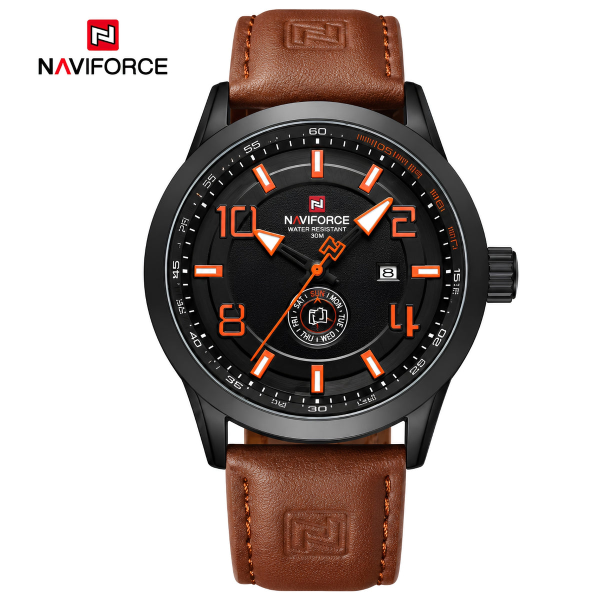 Naviforce Reloj Analógico Naranja con Detalles Negros y Correa Marrón de Cuero PU, Diámetro de 46 mm, Cristal Mineral Endurecido y Resistencia al Agua 3 ATM.