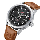 Naviforce Reloj Analógico Plateado con Esfera Blanca y Correa Marrón Claro de Cuero PU, Diámetro de 46 mm, Cristal Mineral Endurecido y Resistencia al Agua 3 ATM.