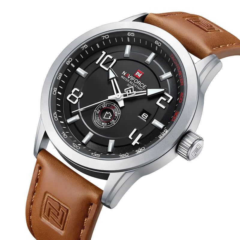Naviforce Reloj Analógico Plateado con Esfera Blanca y Correa Marrón Claro de Cuero PU, Diámetro de 46 mm, Cristal Mineral Endurecido y Resistencia al Agua 3 ATM.