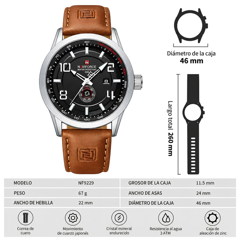 Naviforce Reloj Analógico Plateado con Esfera Blanca y Correa Marrón Claro de Cuero PU, Diámetro de 46 mm, Cristal Mineral Endurecido y Resistencia al Agua 3 ATM.