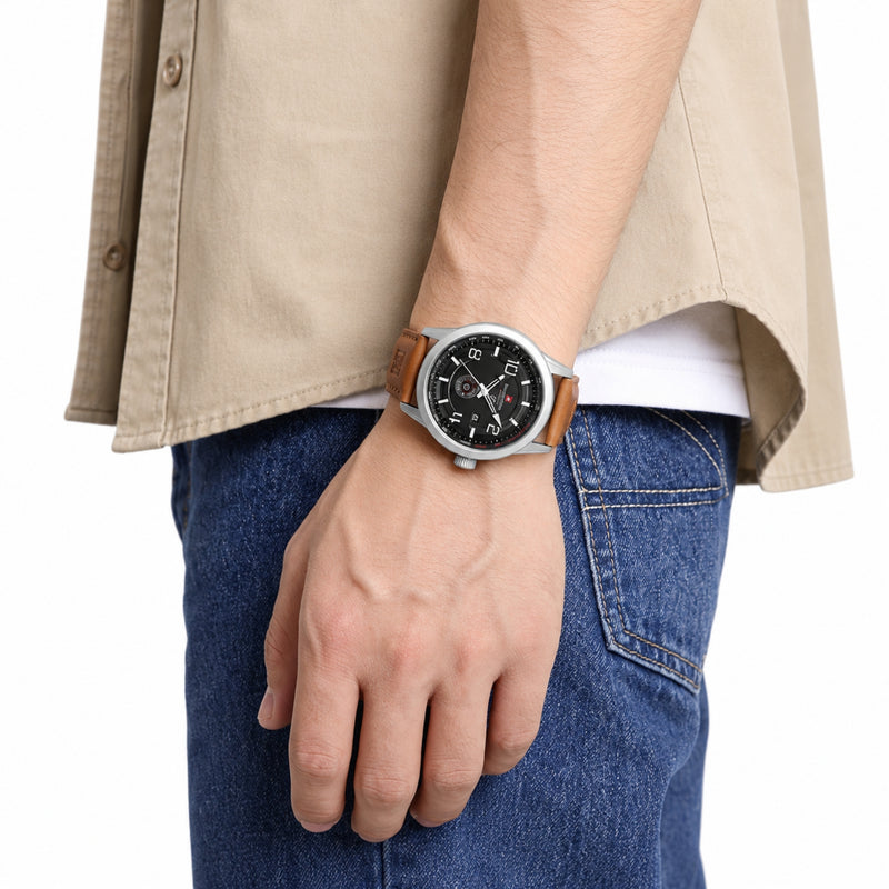 Naviforce Reloj Analógico Plateado con Esfera Blanca y Correa Marrón Claro de Cuero PU, Diámetro de 46 mm, Cristal Mineral Endurecido y Resistencia al Agua 3 ATM.