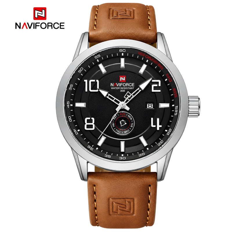 Naviforce Reloj Analógico Plateado con Esfera Blanca y Correa Marrón Claro de Cuero PU, Diámetro de 46 mm, Cristal Mineral Endurecido y Resistencia al Agua 3 ATM.