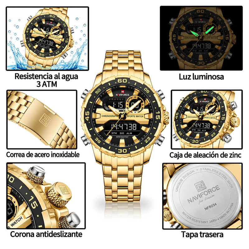 Naviforce Reloj Analógico y Digital Negro con Detalles Dorados y Correa de Acero Inoxidable, Diámetro de 47 mm, Cristal Mineral Endurecido y Resistencia al Agua 3 ATM.