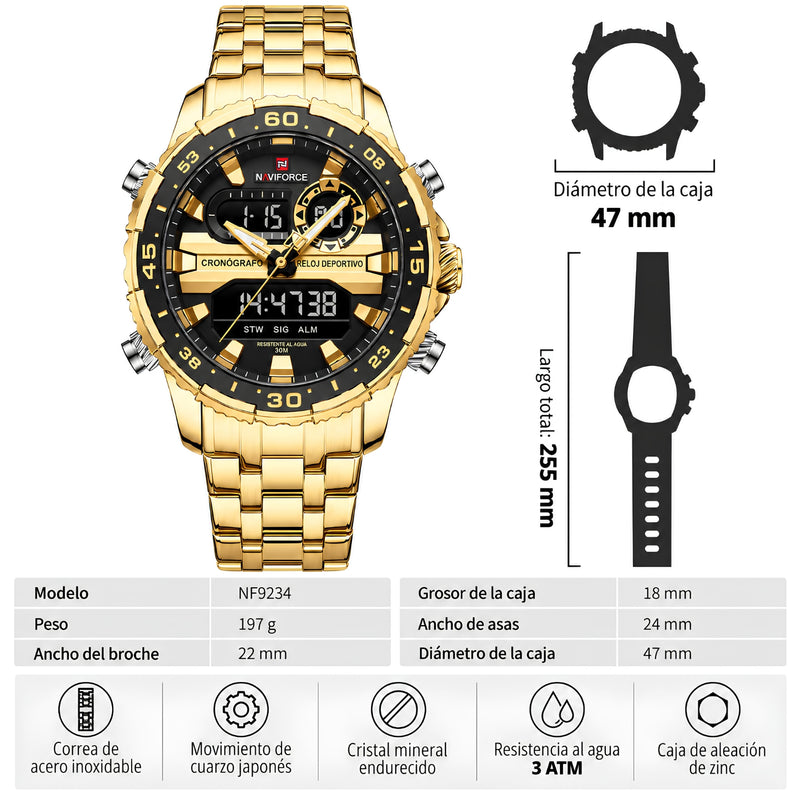 Naviforce Reloj Analógico y Digital Negro con Detalles Dorados y Correa de Acero Inoxidable, Diámetro de 47 mm, Cristal Mineral Endurecido y Resistencia al Agua 3 ATM.