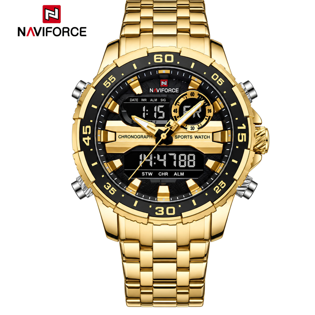 Naviforce Reloj Analógico y Digital Negro con Detalles Dorados y Correa de Acero Inoxidable, Diámetro de 47 mm, Cristal Mineral Endurecido y Resistencia al Agua 3 ATM.