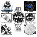 Naviforce Reloj Analógico y Digital Negro con Detalles Plateados y Correa de Acero Inoxidable, Diámetro de 47 mm, Cristal Mineral Endurecido y Resistencia al Agua 3 ATM.