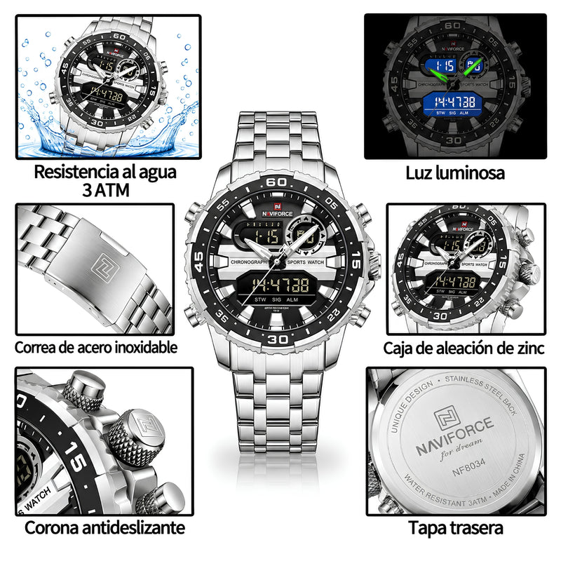 Naviforce Reloj Analógico y Digital Negro con Detalles Plateados y Correa de Acero Inoxidable, Diámetro de 47 mm, Cristal Mineral Endurecido y Resistencia al Agua 3 ATM.