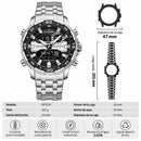 Naviforce Reloj Analógico y Digital Negro con Detalles Plateados y Correa de Acero Inoxidable, Diámetro de 47 mm, Cristal Mineral Endurecido y Resistencia al Agua 3 ATM.