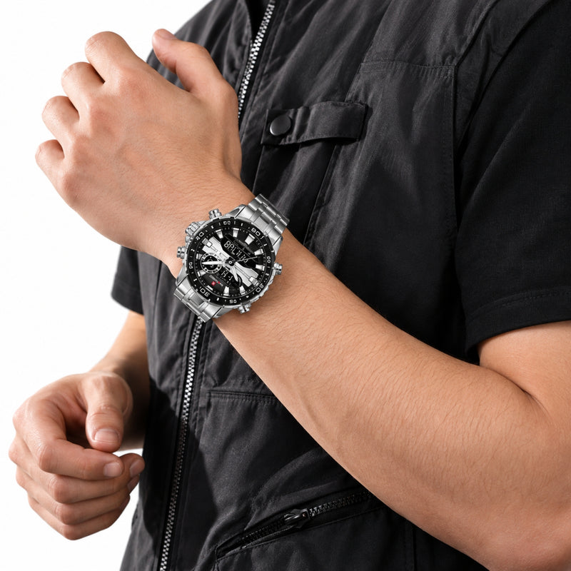 Naviforce Reloj Analógico y Digital Negro con Detalles Plateados y Correa de Acero Inoxidable, Diámetro de 47 mm, Cristal Mineral Endurecido y Resistencia al Agua 3 ATM.