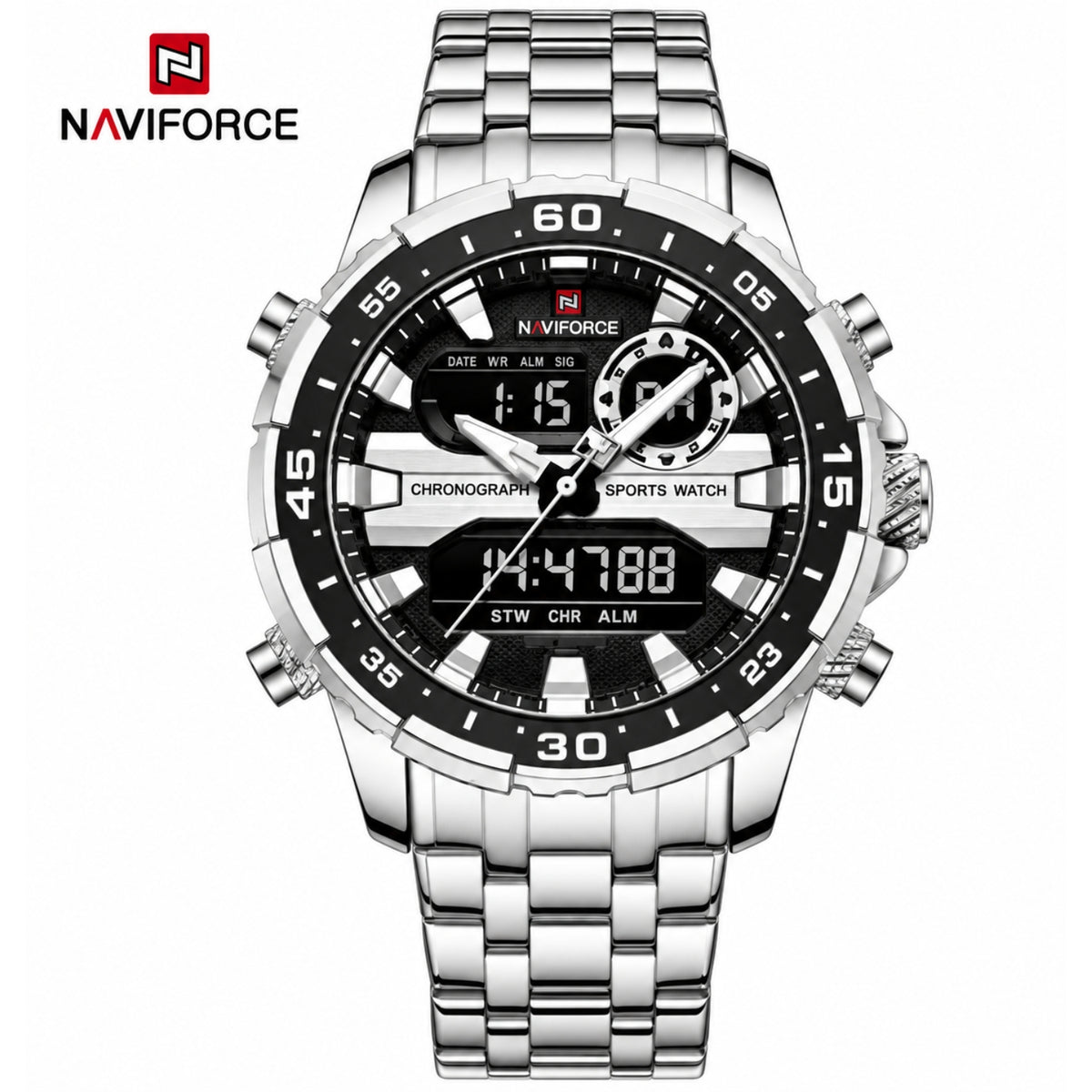 Naviforce Reloj Analógico y Digital Negro con Detalles Plateados y Correa de Acero Inoxidable, Diámetro de 47 mm, Cristal Mineral Endurecido y Resistencia al Agua 3 ATM.