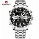 Naviforce Reloj Analógico y Digital Negro con Detalles Plateados y Correa de Acero Inoxidable, Diámetro de 47 mm, Cristal Mineral Endurecido y Resistencia al Agua 3 ATM.