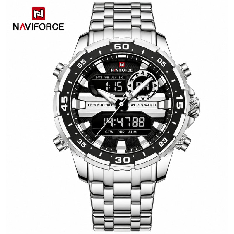 Naviforce Reloj Analógico y Digital Negro con Detalles Plateados y Correa de Acero Inoxidable, Diámetro de 47 mm, Cristal Mineral Endurecido y Resistencia al Agua 3 ATM.