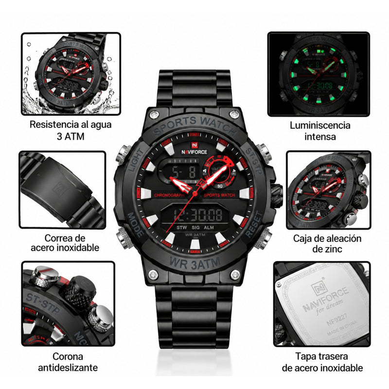 Naviforce Reloj Analógico y Digital de Hombre con Esfera Negra y Roja Ø46.5 mm, Correa de Acero Inoxidable Negra, Cristal Mineral Endurecido y Resistencia al Agua 3 ATM