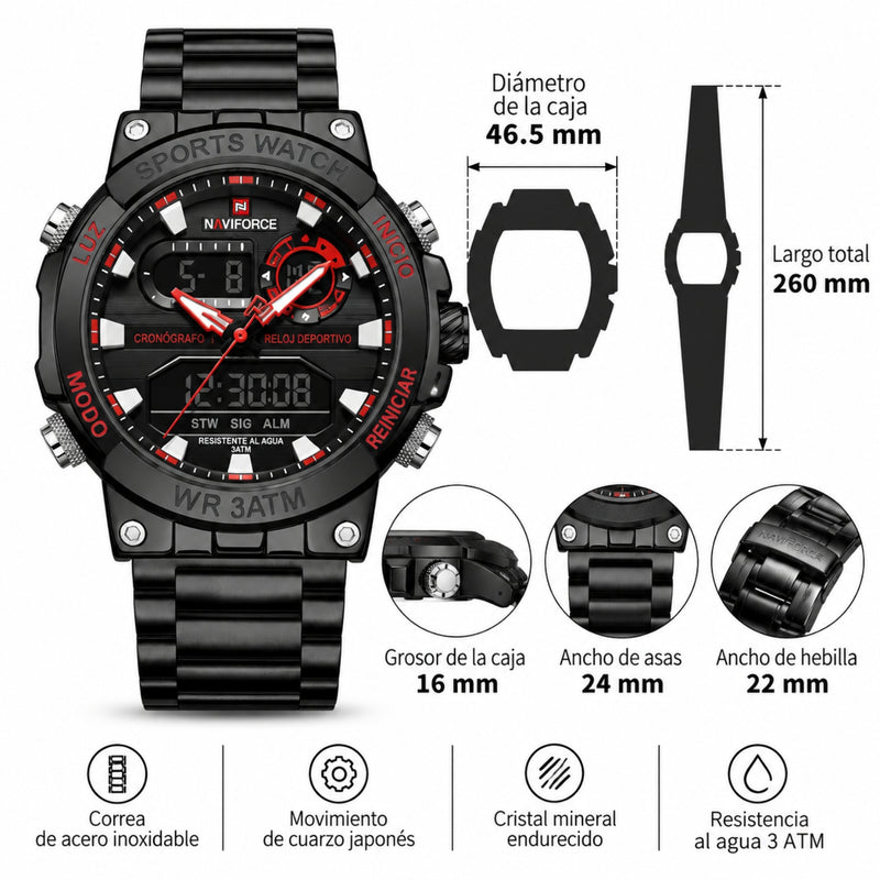 Naviforce Reloj Analógico y Digital de Hombre con Esfera Negra y Roja Ø46.5 mm, Correa de Acero Inoxidable Negra, Cristal Mineral Endurecido y Resistencia al Agua 3 ATM