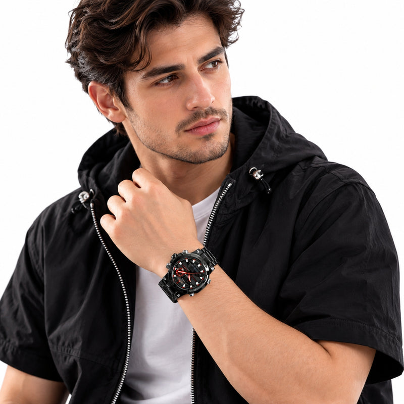 Naviforce Reloj Analógico y Digital de Hombre con Esfera Negra y Roja Ø46.5 mm, Correa de Acero Inoxidable Negra, Cristal Mineral Endurecido y Resistencia al Agua 3 ATM