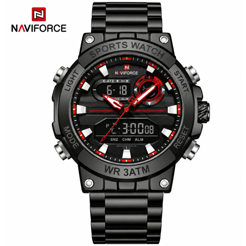 Naviforce Reloj Analógico y Digital de Hombre con Esfera Negra y Roja Ø46.5 mm, Correa de Acero Inoxidable Negra, Cristal Mineral Endurecido y Resistencia al Agua 3 ATM