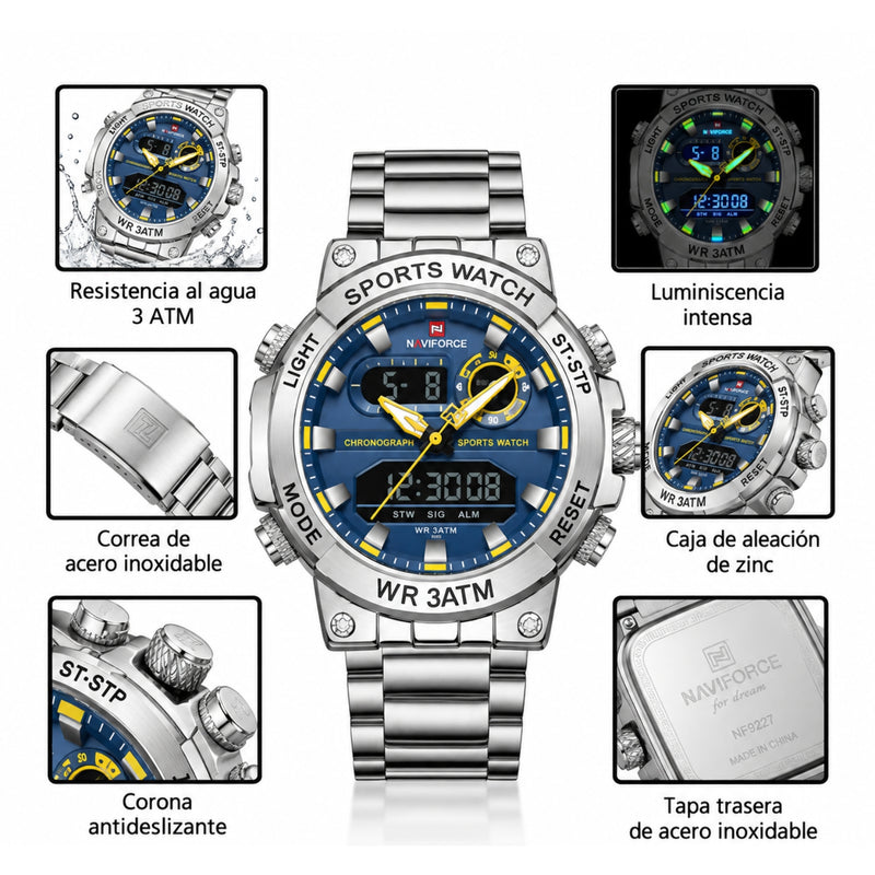 Naviforce Reloj Plateado Analógico y Digital de Hombre con Esfera Azul Ø46.5 mm, Correa de Acero Inoxidable, Cristal Mineral Endurecido y Resistencia al Agua 3 ATM